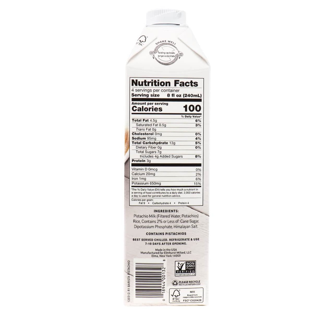 Elmhurst Plant Based Pistachio Creamer Barista Edition, 946mL
